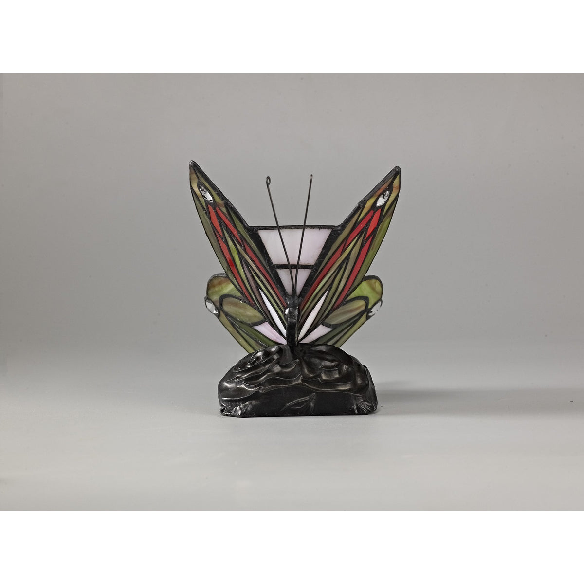 Motcoombe Tiffany Butterfly E14 Table Lamp in Green and Red Glass With Clear Crystal