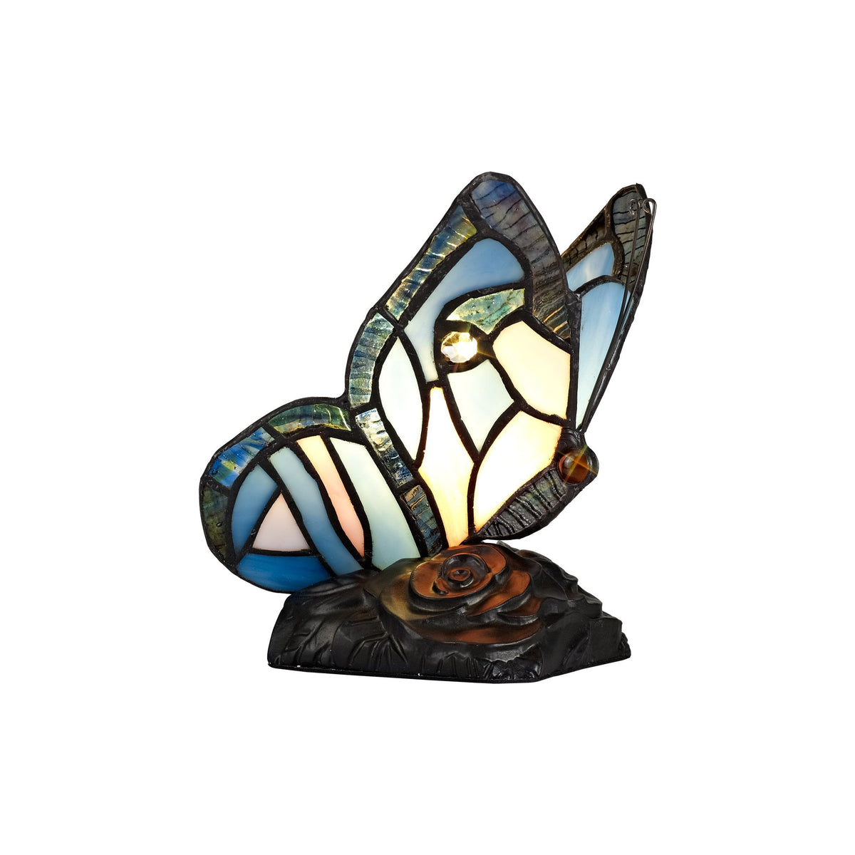 Motcoombe Tiffany Butterfly E14 Table Lamp in Blue With Clear Crystal