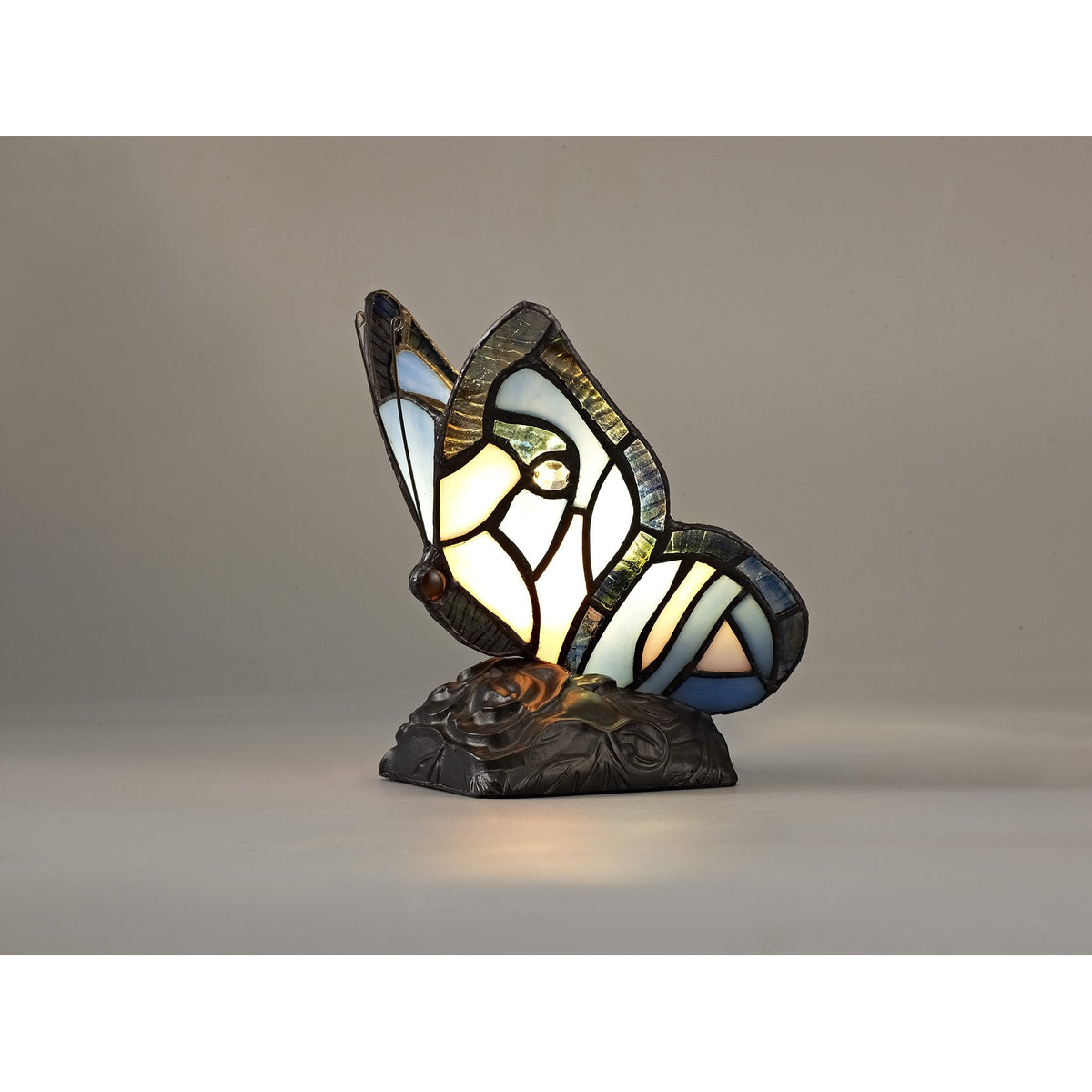 Motcoombe Tiffany Butterfly E14 Table Lamp in Blue With Clear Crystal