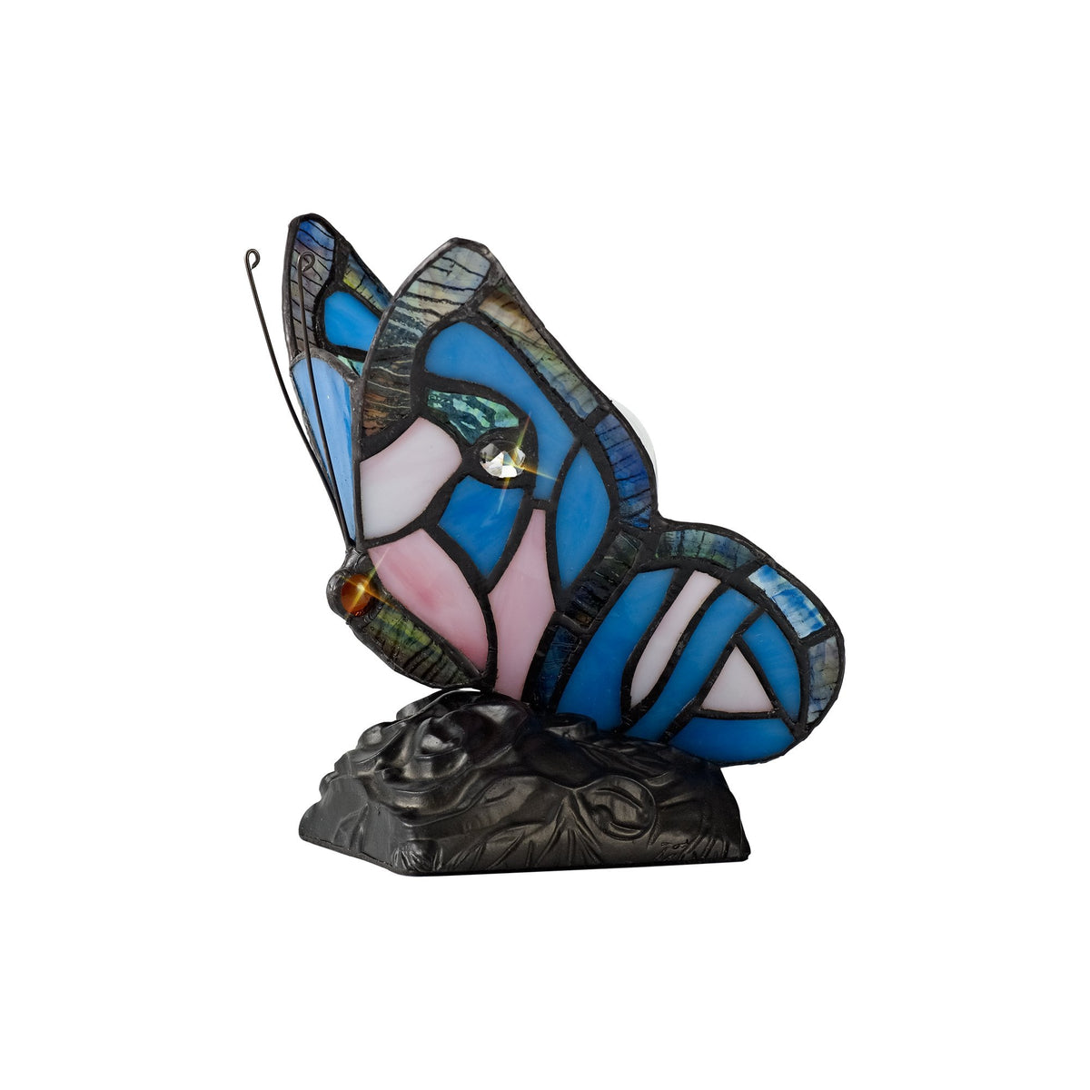 Motcoombe Tiffany Butterfly E14 Table Lamp in Blue With Clear Crystal