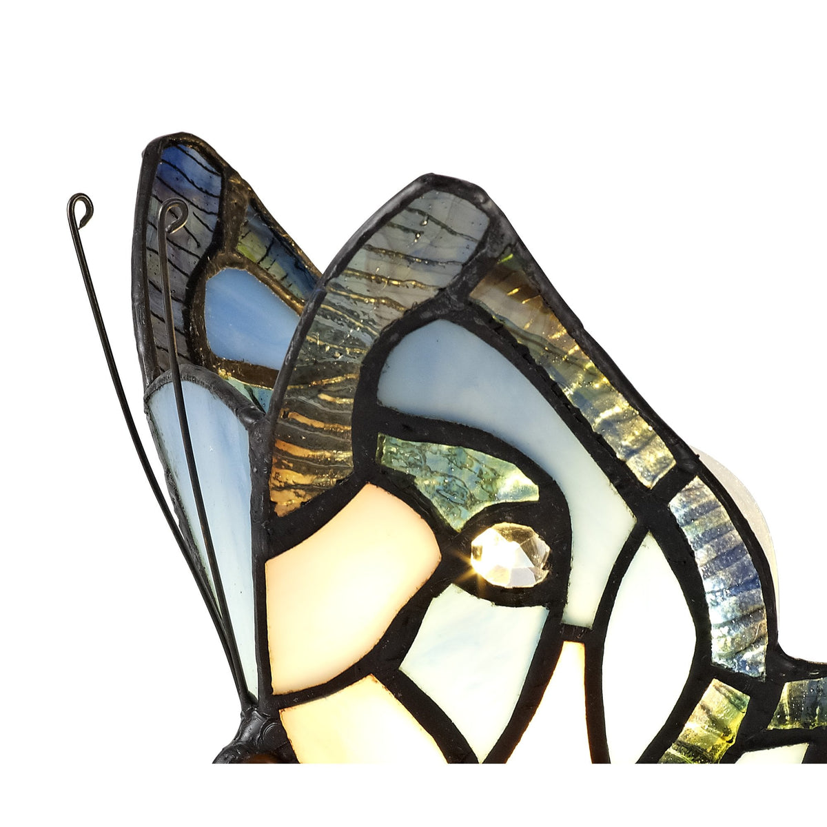 Motcoombe Tiffany Butterfly E14 Table Lamp in Blue With Clear Crystal