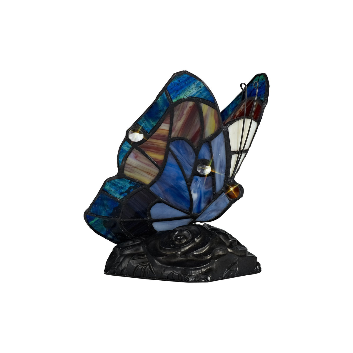 Motcoombe Tiffany Butterfly E14 Table Lamp in  Blue and Brown Glass With Clear Crystal