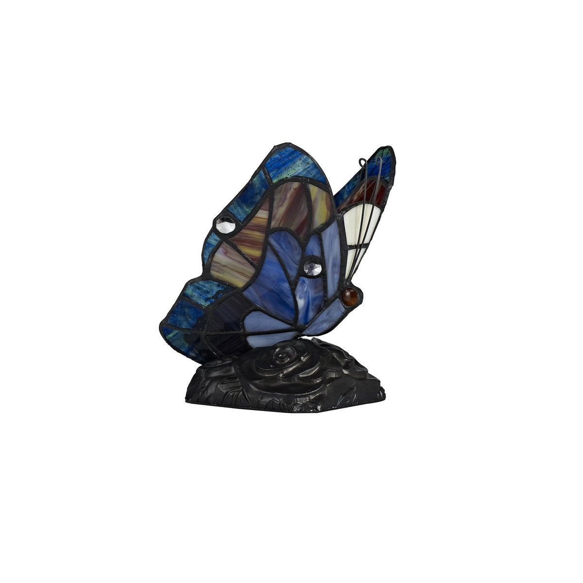 Motcoombe Tiffany Butterfly E14 Table Lamp in  Blue and Brown Glass With Clear Crystal