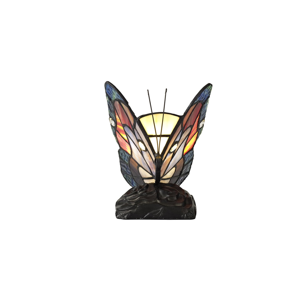 Motcoombe Tiffany Butterfly E14 Table Lamp in  Blue and Brown Glass With Clear Crystal