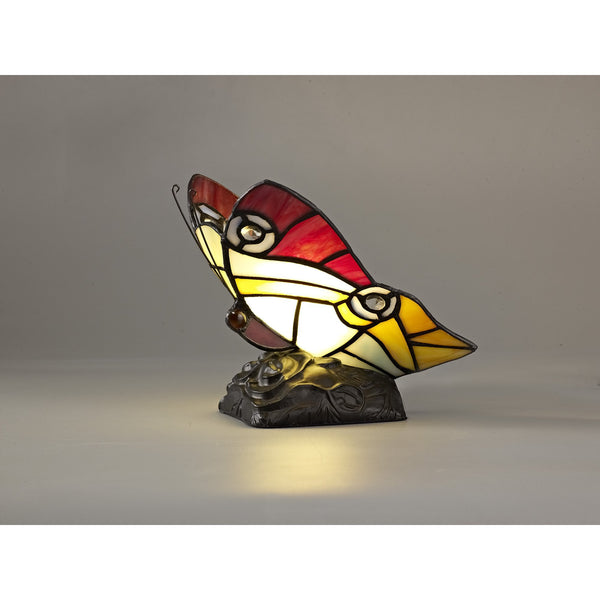 Motcoombe Tiffany Butterfly E14 Table Lamp in Red Yellow and Blue Glass With Clear Crystal