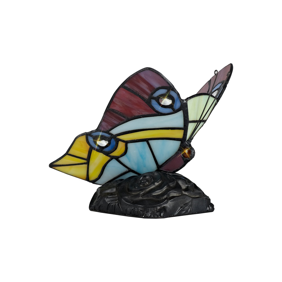 Motcoombe Tiffany Butterfly E14 Table Lamp in Red Yellow and Blue Glass With Clear Crystal