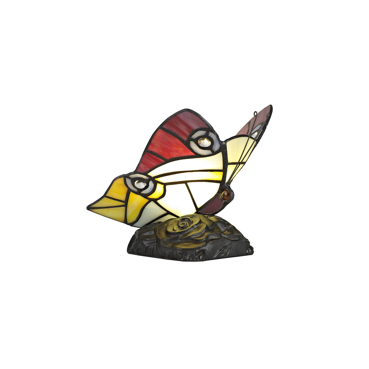 Motcoombe Tiffany Butterfly E14 Table Lamp in Red Yellow and Blue Glass With Clear Crystal