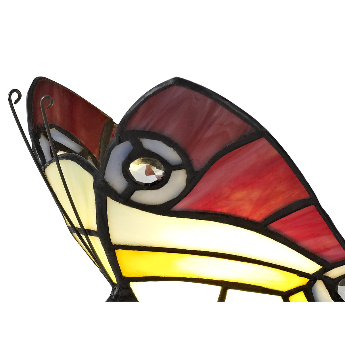 Motcoombe Tiffany Butterfly E14 Table Lamp in Red Yellow and Blue Glass With Clear Crystal