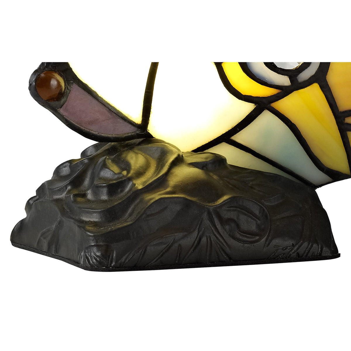Motcoombe Tiffany Butterfly E14 Table Lamp in Red Yellow and Blue Glass With Clear Crystal