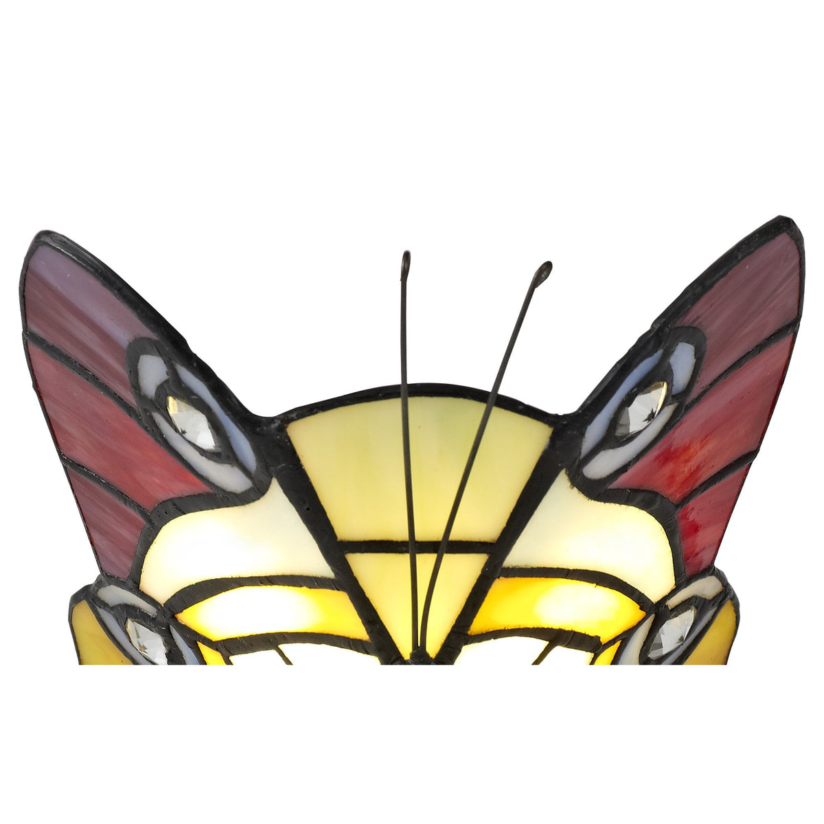 Motcoombe Tiffany Butterfly E14 Table Lamp in Red Yellow and Blue Glass With Clear Crystal