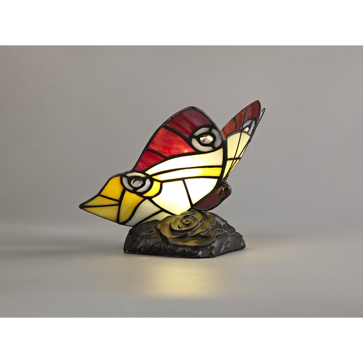 Motcoombe Tiffany Butterfly E14 Table Lamp in Red Yellow and Blue Glass With Clear Crystal
