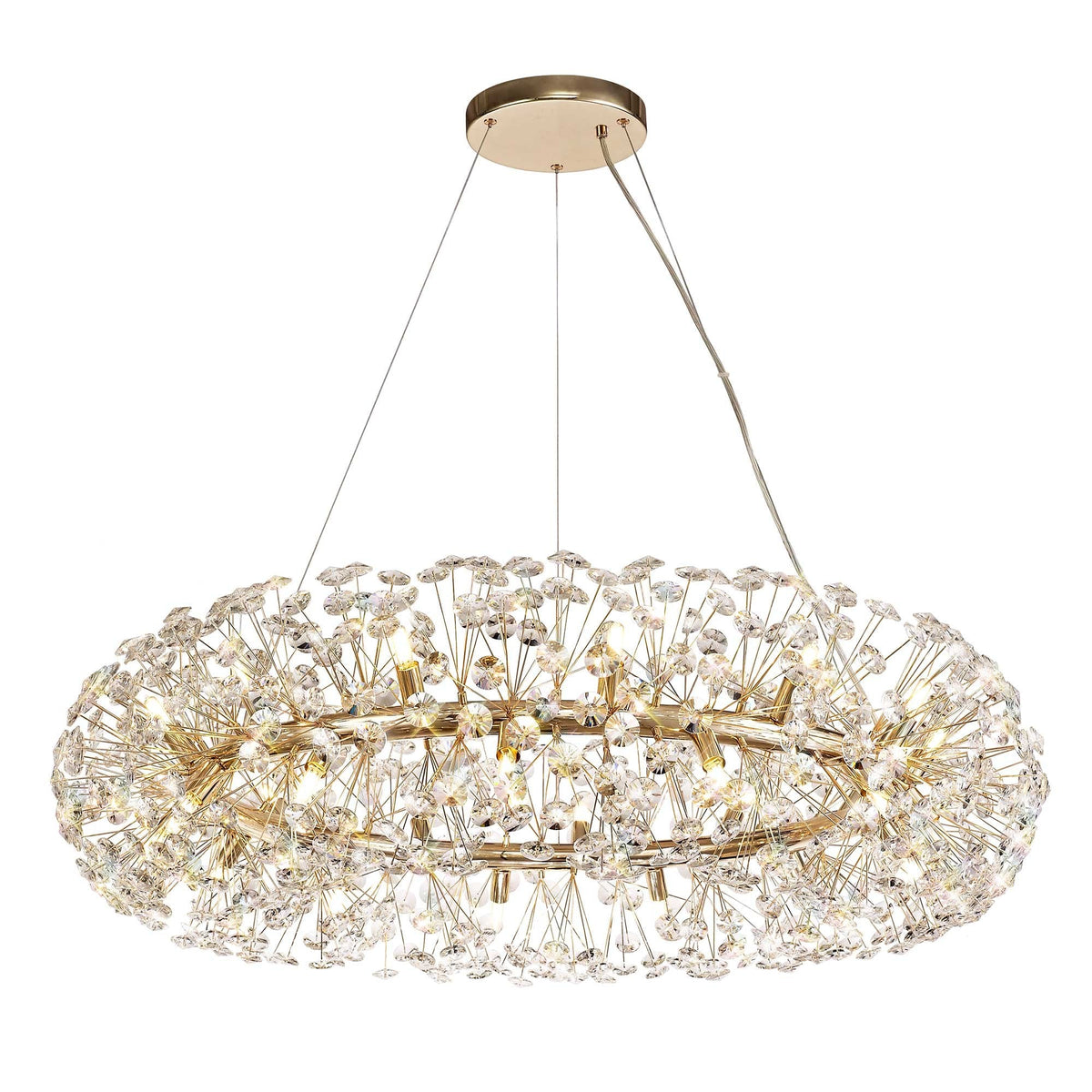 An ornate oval-shaped gold and crystal chandelier with a multitude of dangling crystals.