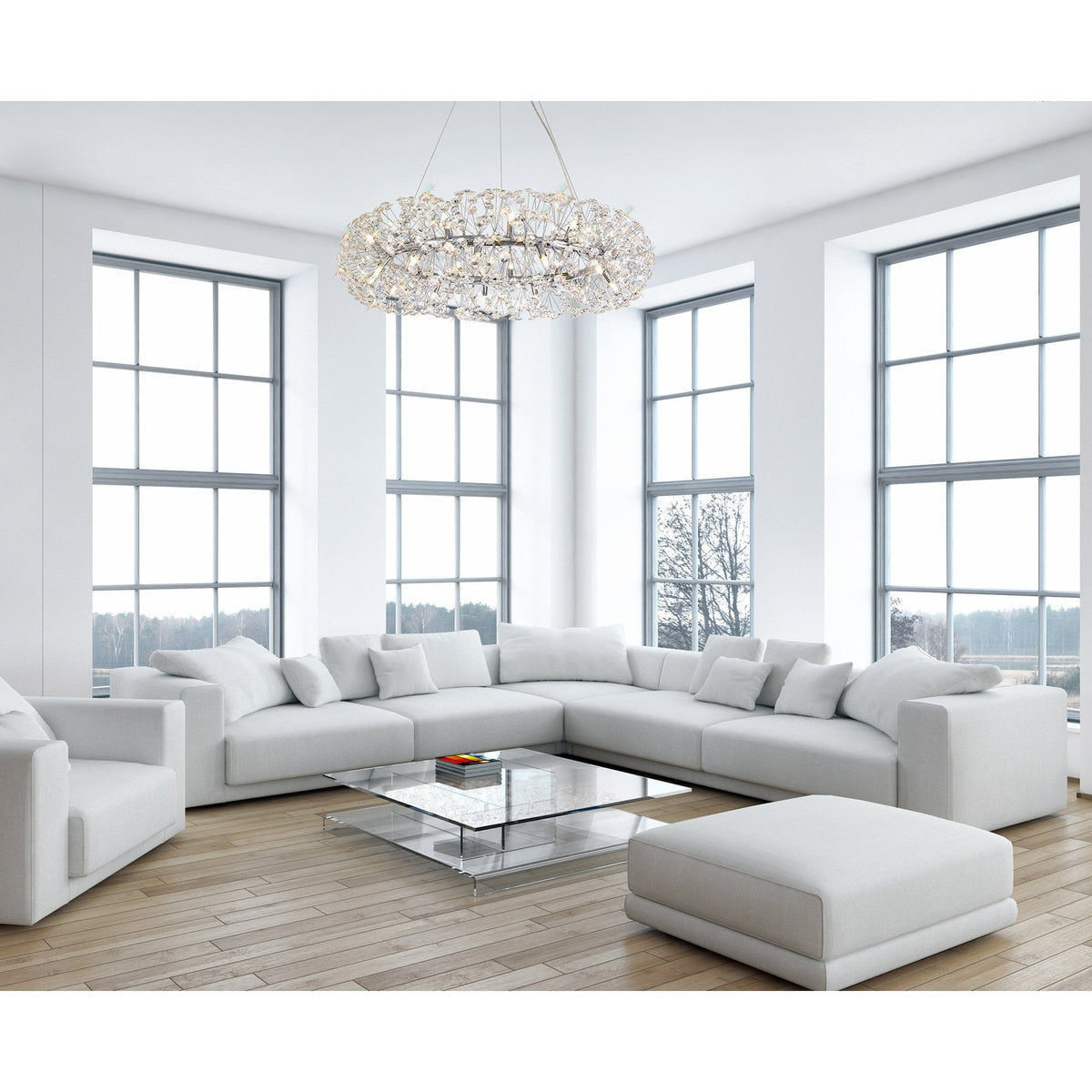 A luxurious living room featuring a large, ornate crystal chandelier as a centrepiece.