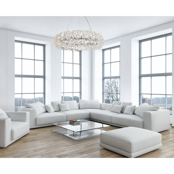 A luxurious living room featuring a large, ornate crystal chandelier as a centrepiece.
