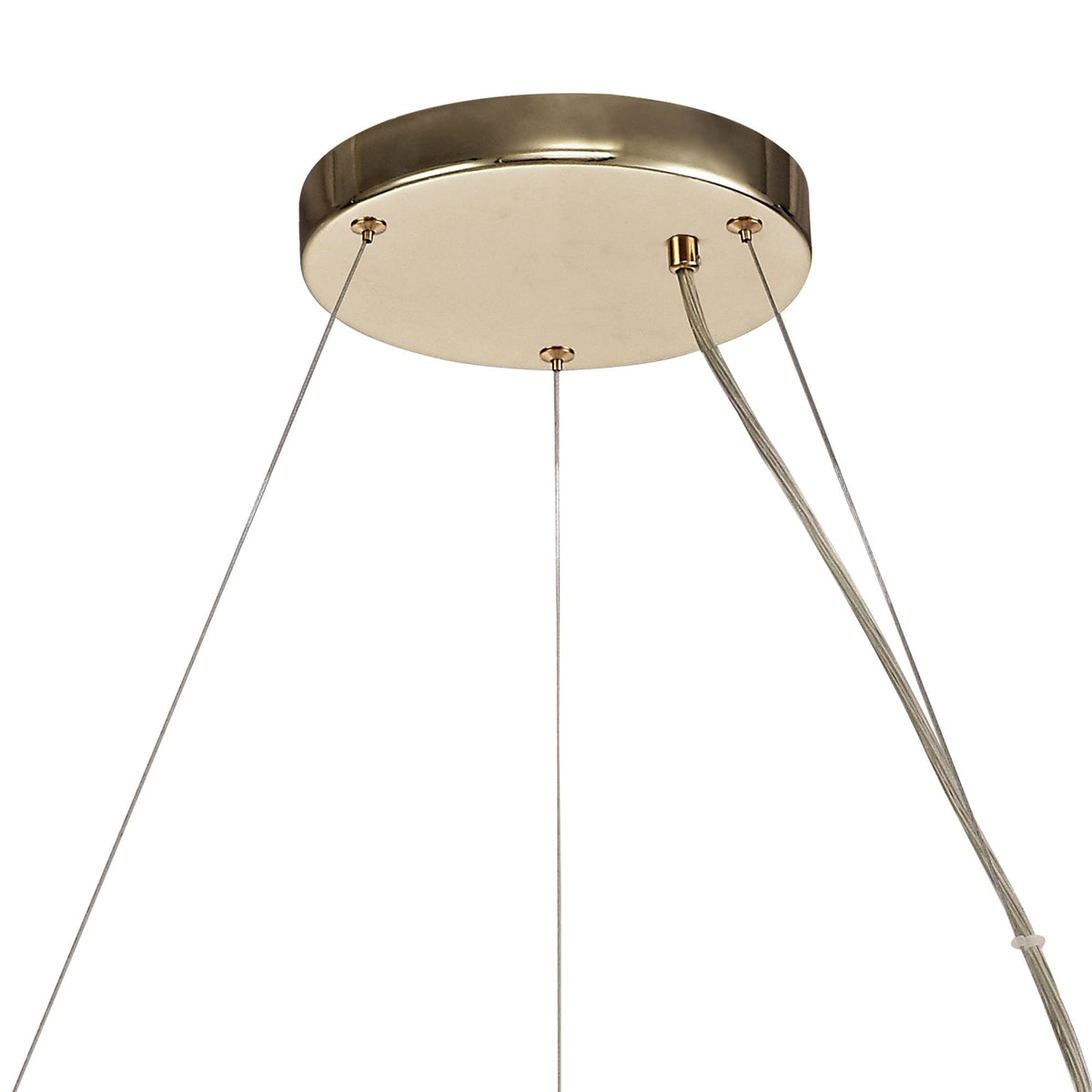 Close-up of the ceiling rose and suspension wires of the crystal chandelier.