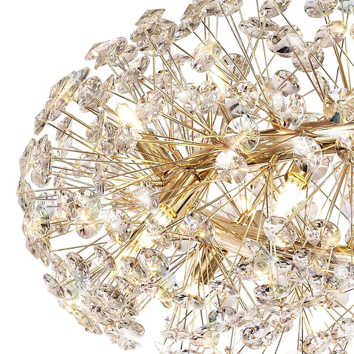 Detailed close-up of the crystal and gold cluster design of the chandelier.