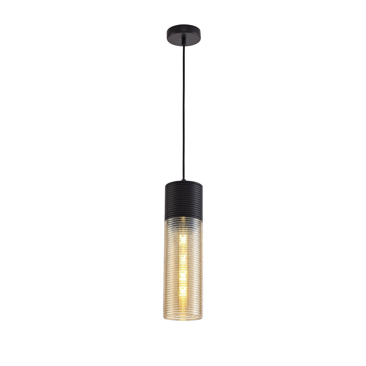 Huntsham Single Tube Pendant in Black with Amber Glass