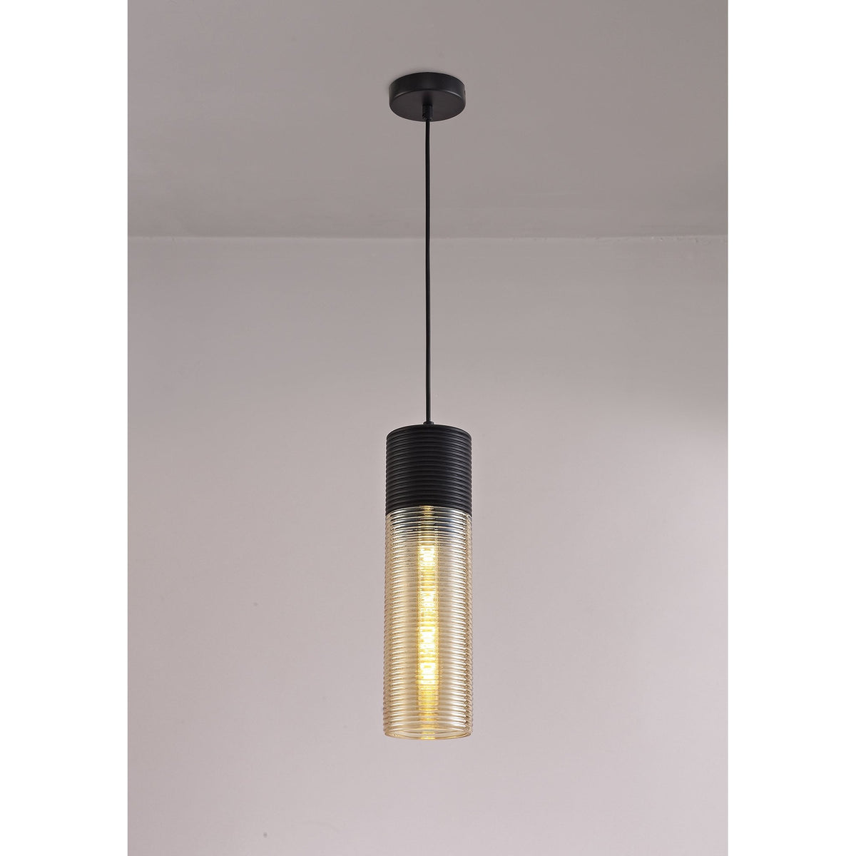 Huntsham Single Tube Pendant in Black with Amber Glass