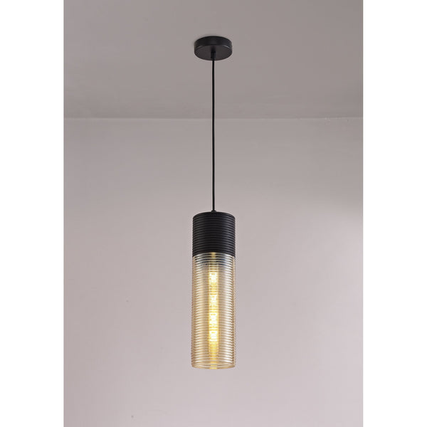 Huntsham Single Tube Pendant in Black with Amber Glass