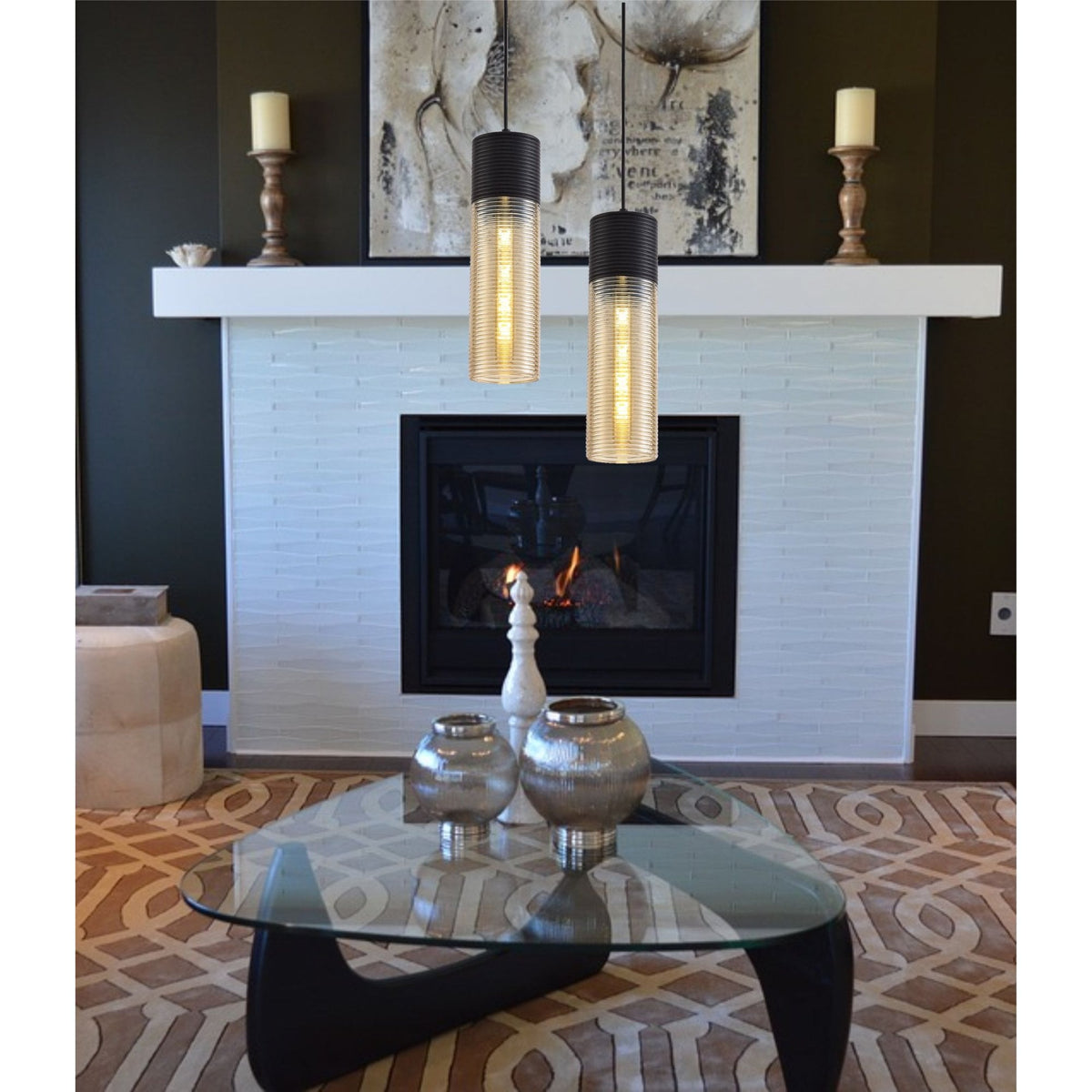 Huntsham Single Tube Pendant in Black with Amber Glass