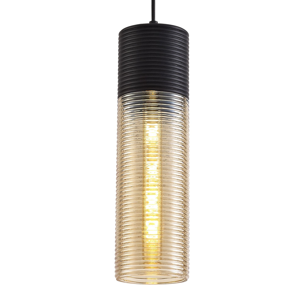 Huntsham Single Tube Pendant in Black with Amber Glass