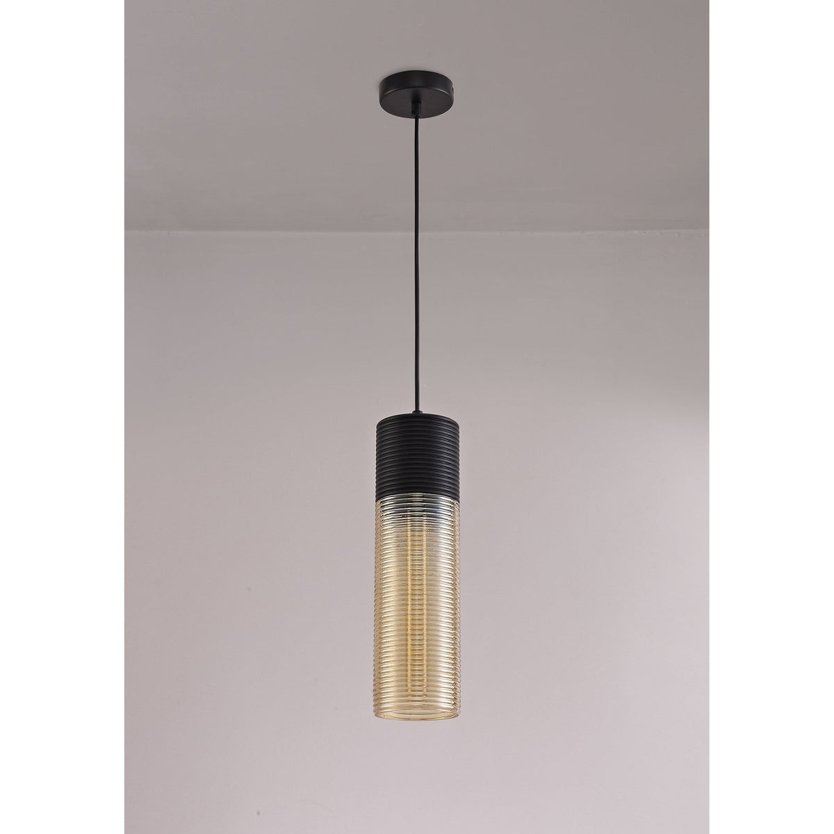 Huntsham Single Tube Pendant in Black with Amber Glass