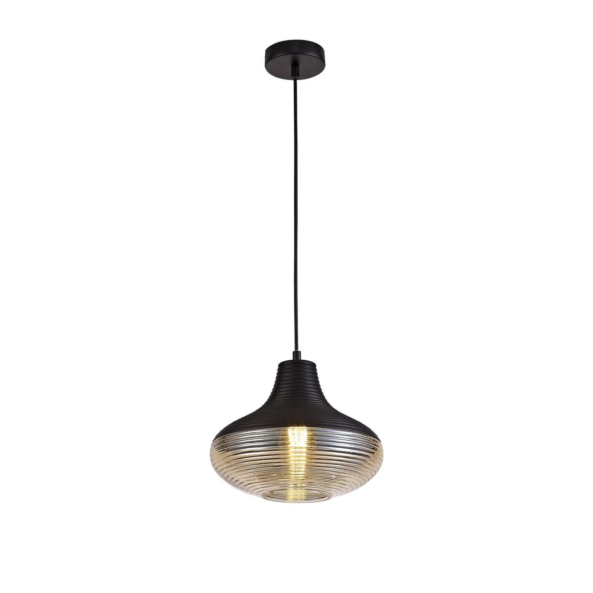 Huntsham Single Pendant in Black with Amber Glass