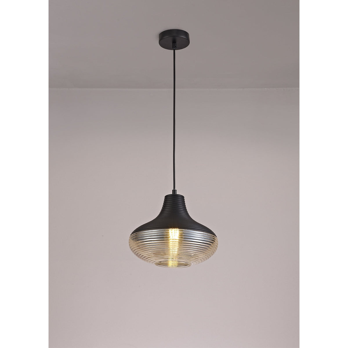 Huntsham Single Pendant in Black with Amber Glass