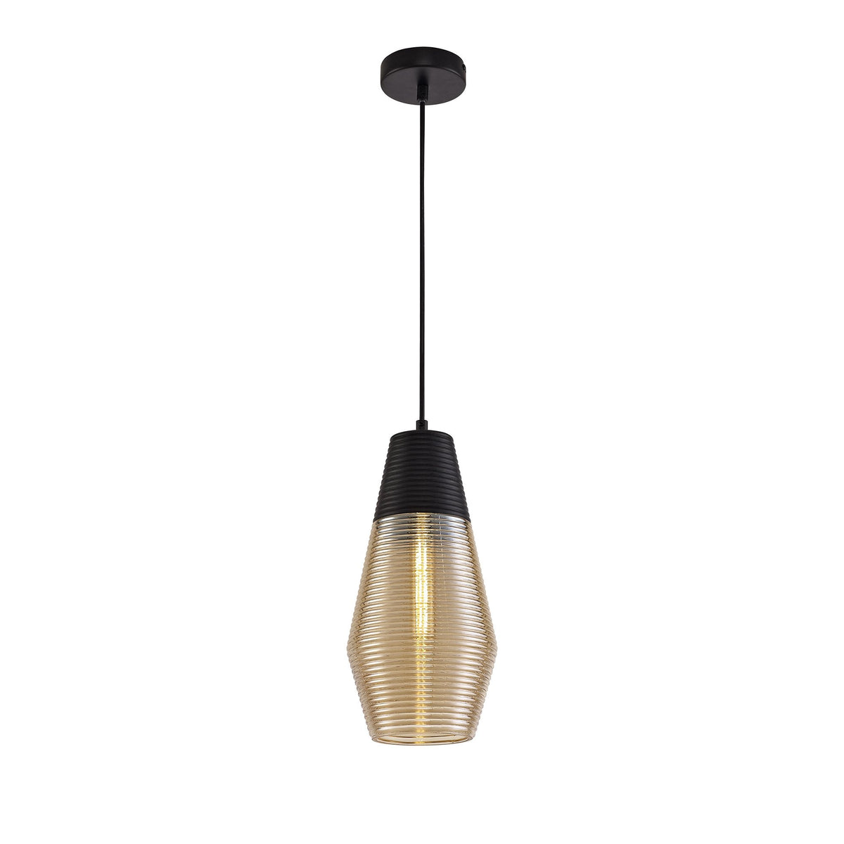 Huntsham Single Cone Pendant in Black with Amber Glass
