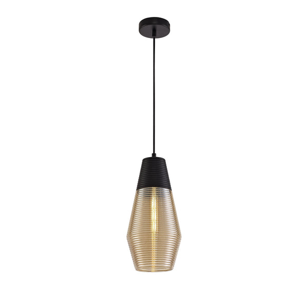 Huntsham Single Cone Pendant in Black with Amber Glass