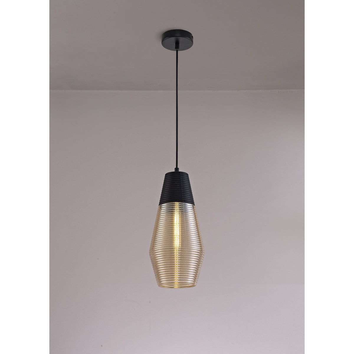 Huntsham Single Cone Pendant in Black with Amber Glass