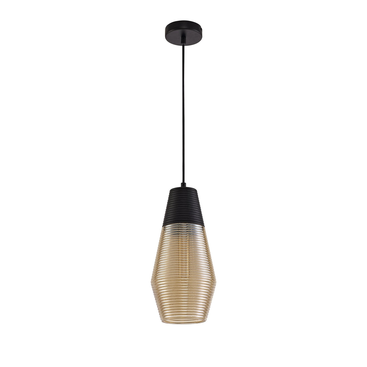 Huntsham Single Cone Pendant in Black with Amber Glass