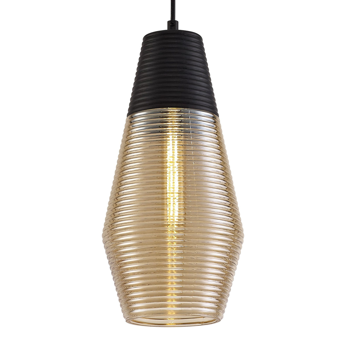 Huntsham Single Cone Pendant in Black with Amber Glass
