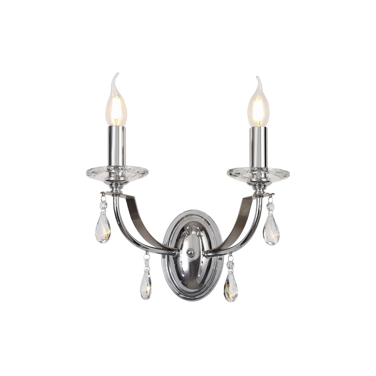 Kingskerswell E14 Polished Chrome & Satin Nickel Twin Wall Light with Clear Crystal