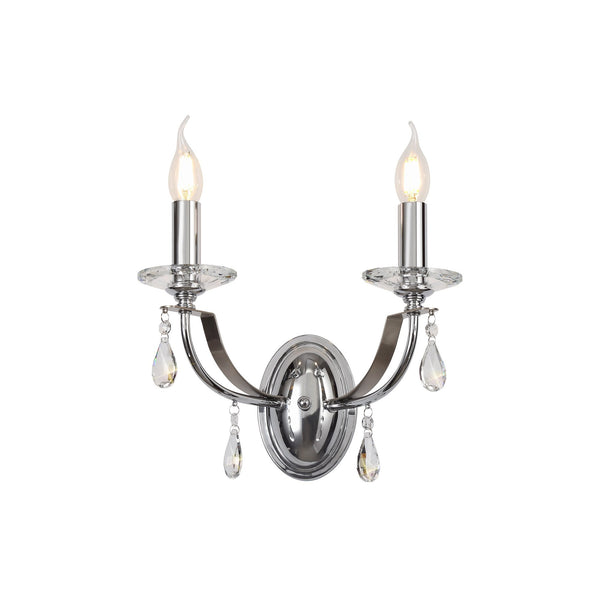 Kingskerswell E14 Polished Chrome & Satin Nickel Twin Wall Light with Clear Crystal