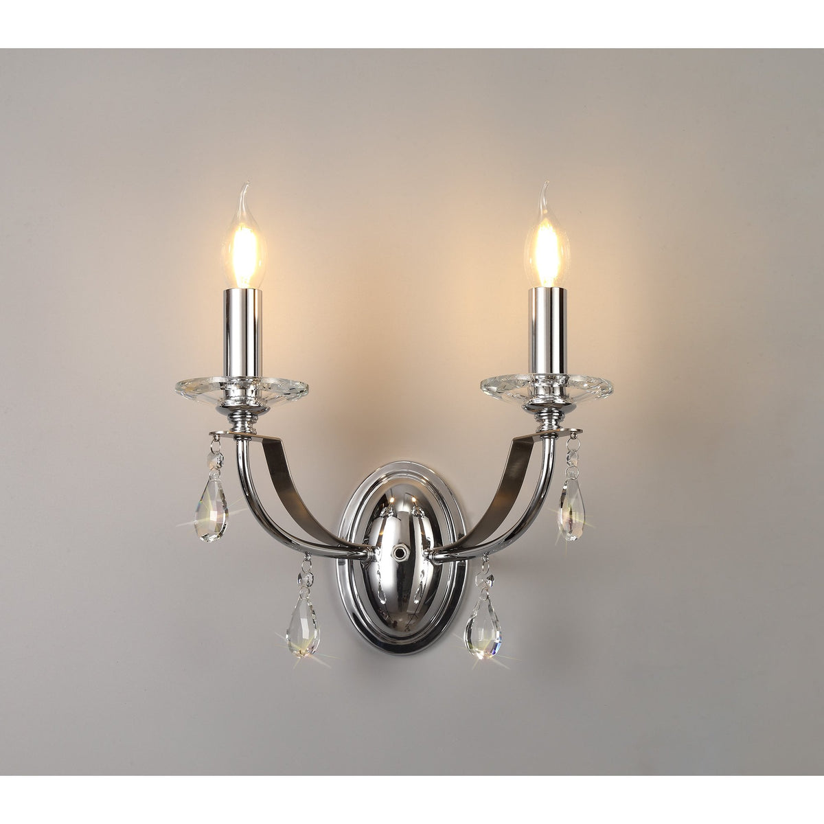 Kingskerswell E14 Polished Chrome & Satin Nickel Twin Wall Light with Clear Crystal