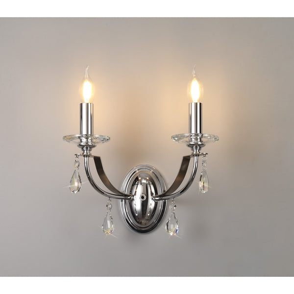 Kingskerswell E14 Polished Chrome & Satin Nickel Twin Wall Light with Clear Crystal