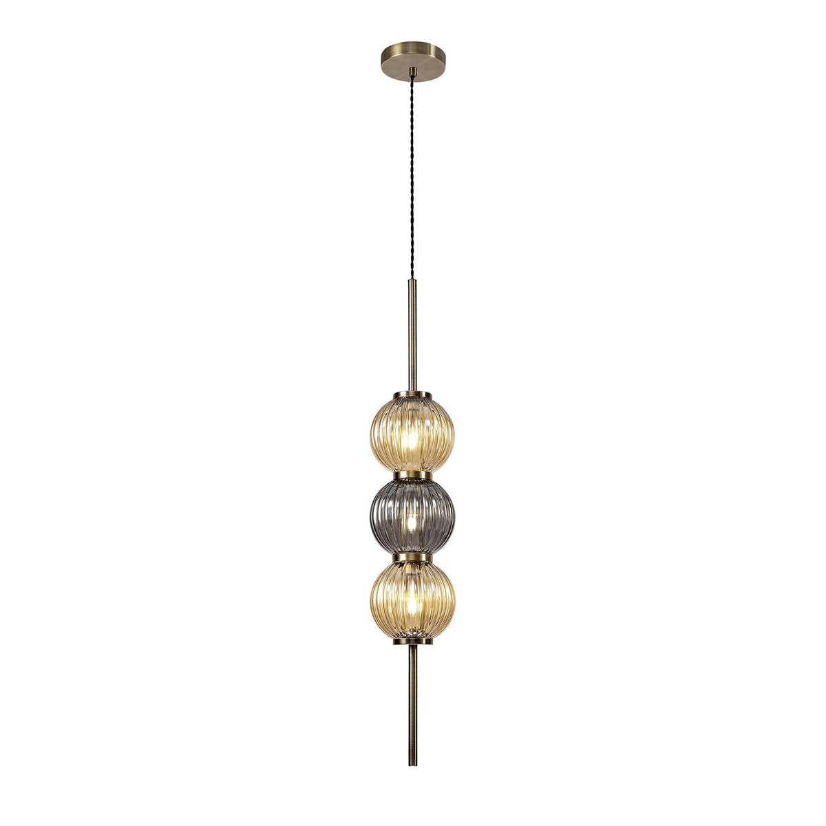 Fiddleford Pendant in Antique Brass with Smoked & Amber Glass