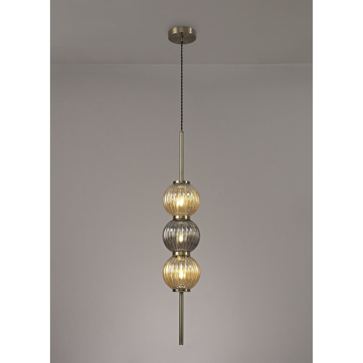 Fiddleford Pendant in Antique Brass with Smoked & Amber Glass