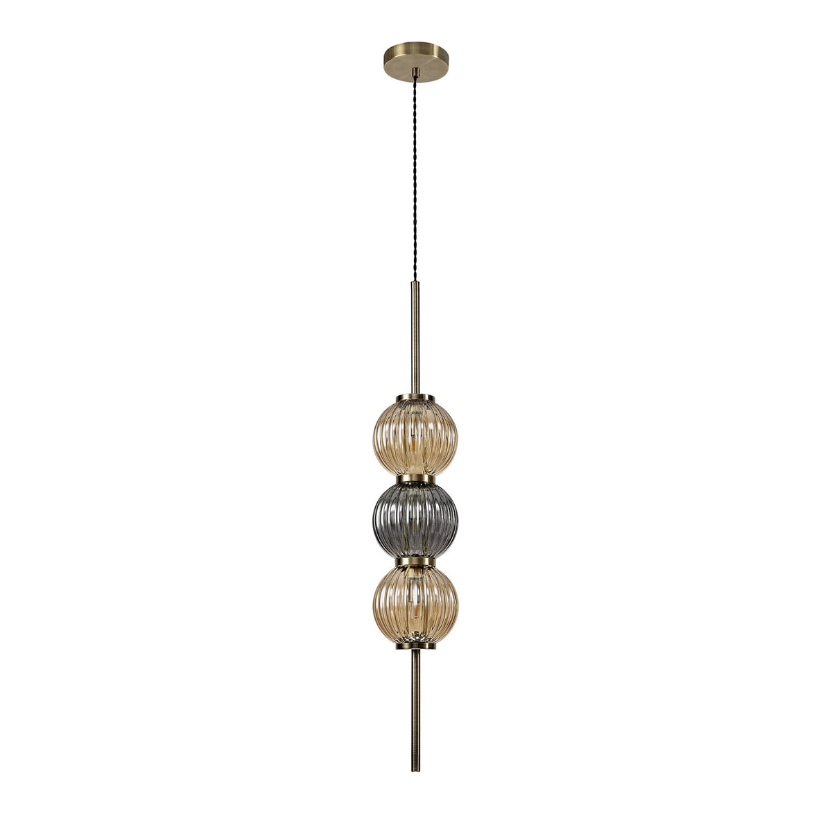 Fiddleford Pendant in Antique Brass with Smoked & Amber Glass