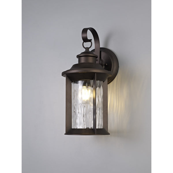 Halberton IP54 Exterior Wall Light in Antique Bronze & Clear Ripple Glass