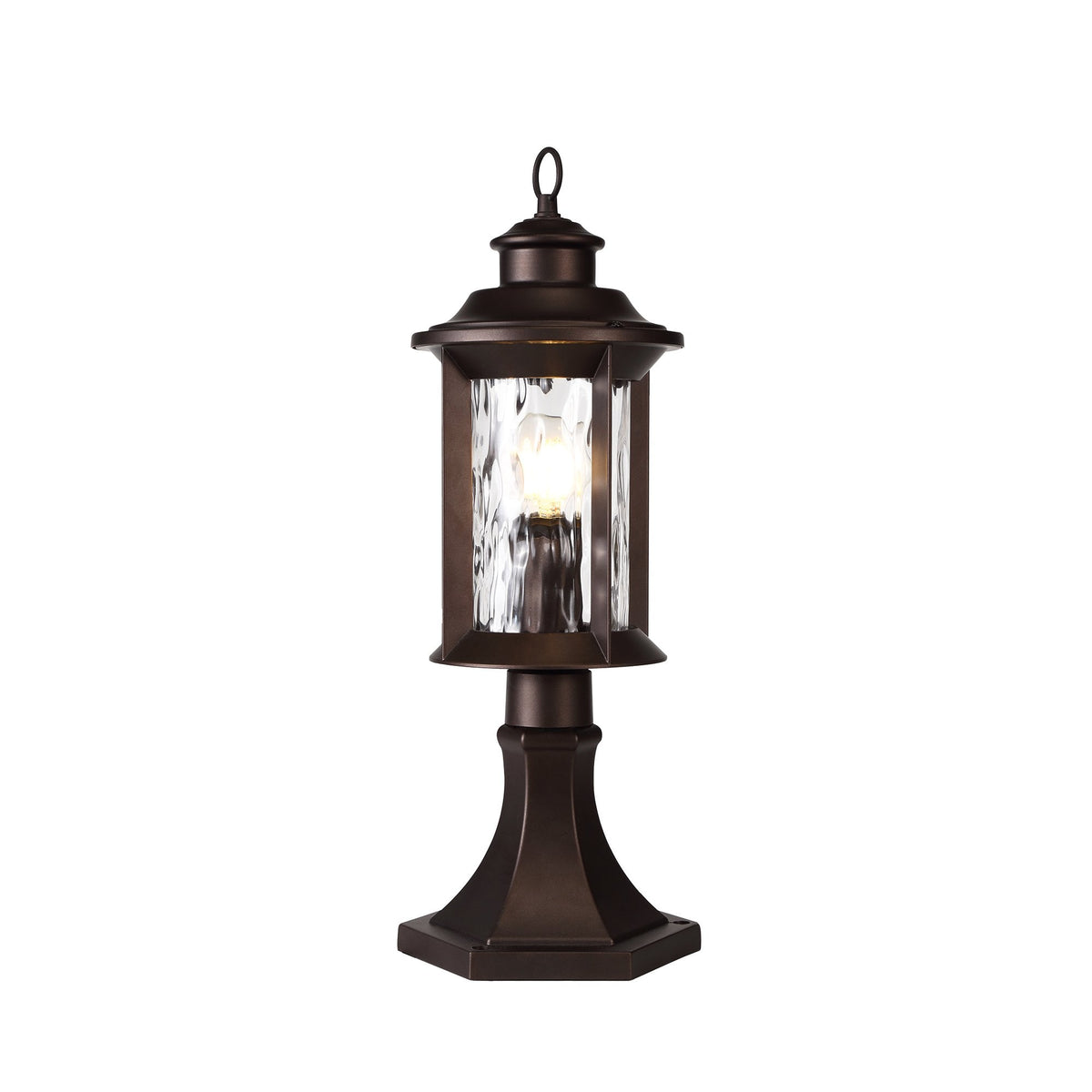Halberton IP54 Pedestal Lamp in Antique Bronze & Clear Ripple Glass