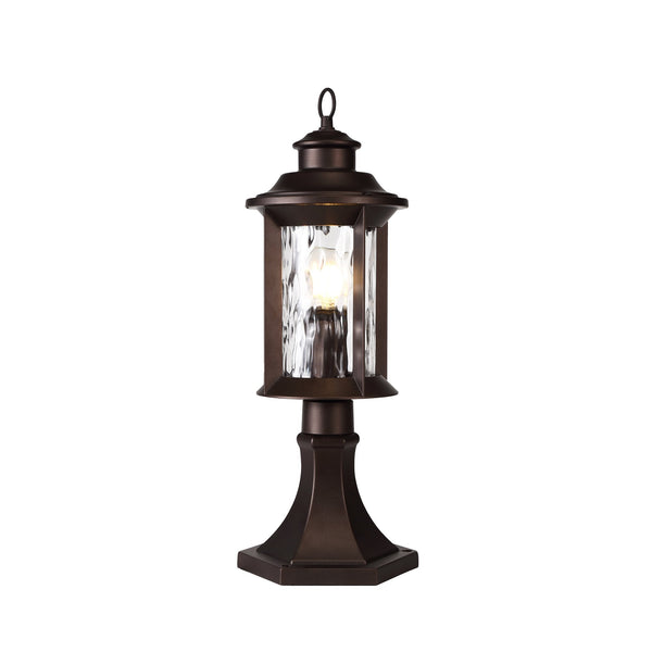 Halberton IP54 Pedestal Lamp in Antique Bronze & Clear Ripple Glass