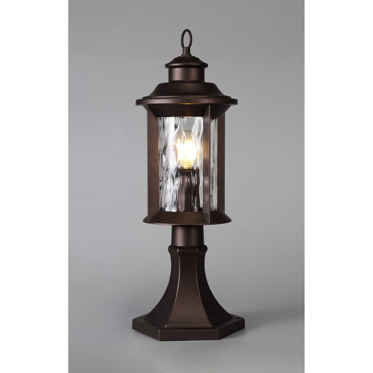Halberton IP54 Pedestal Lamp in Antique Bronze & Clear Ripple Glass