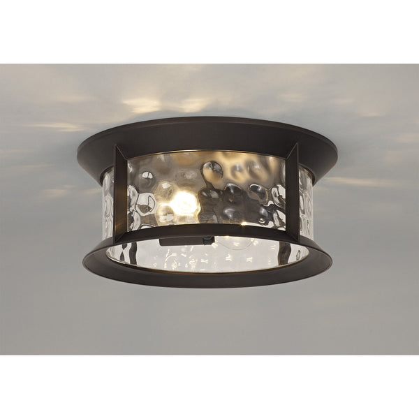 Halberton Flush Exterior IP54 Ceiling Light in Antique Bronze & Clear Ripple Glass