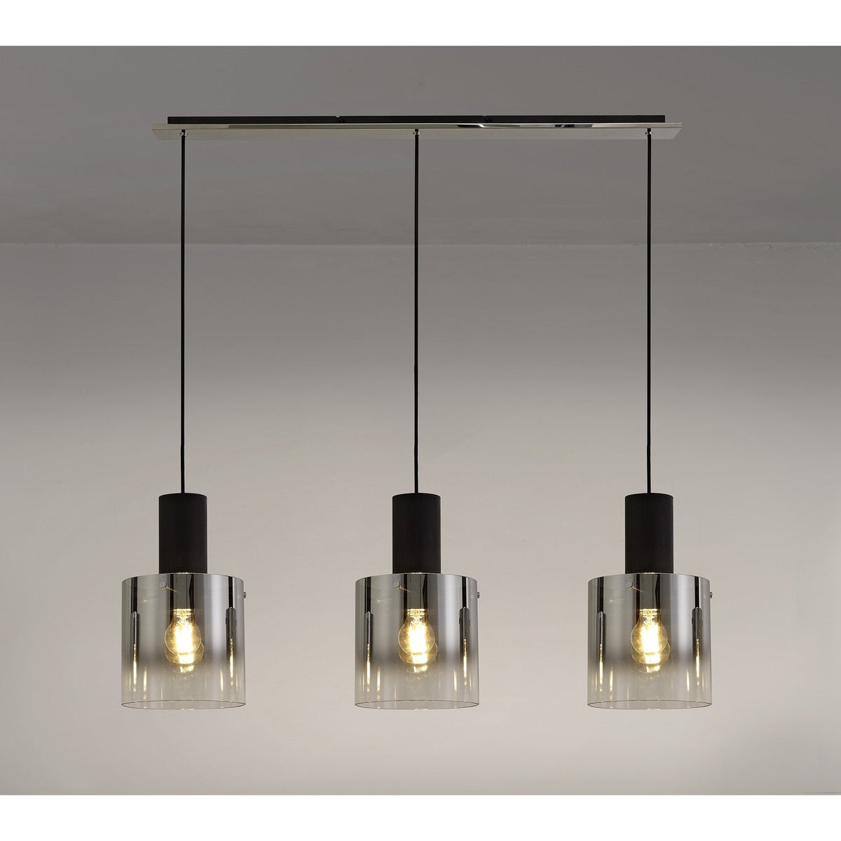 Belstone Triple Linear Pendant in Black & Chrome with Smoke Fade Glass