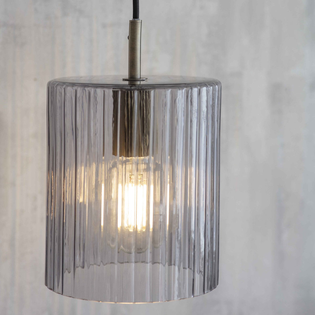 Clarendon E27 Pendant Light in Brass & Smoked Ribbed Glass