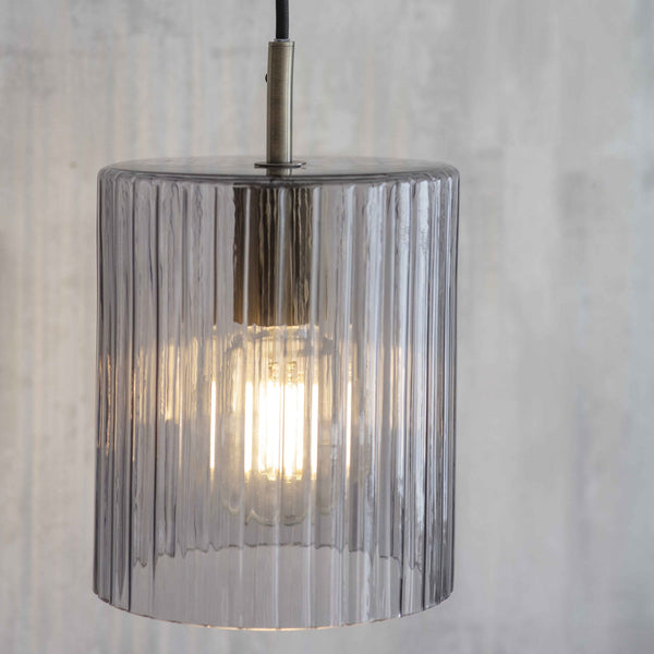 Clarendon E27 Pendant Light in Brass & Smoked Ribbed Glass