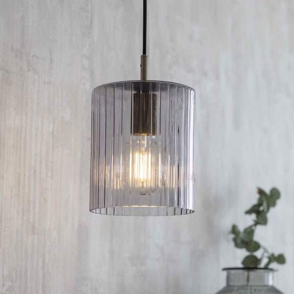 Clarendon E27 Pendant Light in Brass & Smoked Ribbed Glass