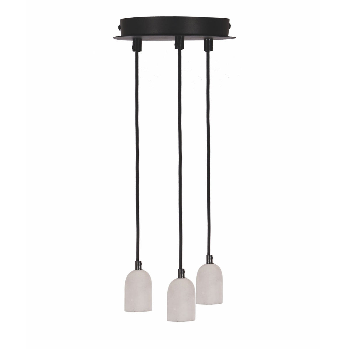 Three light pendants with black cords and light grey concrete shades hanging from a black ceiling plate.